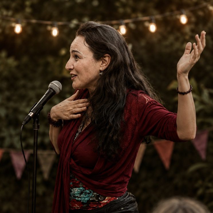 Carolina Casanova telling a spicy poem from The Rose on stage at Ruigoord, Amsterdam