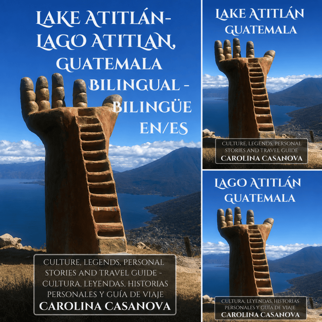 The cover of Lake Atitlán, Guatemala by Author Carolina Casanova. The background picture is taken at the Indian Nose, Rostro Maya. This travel guide is available in English, Spanish and Bilingual to learn either language.